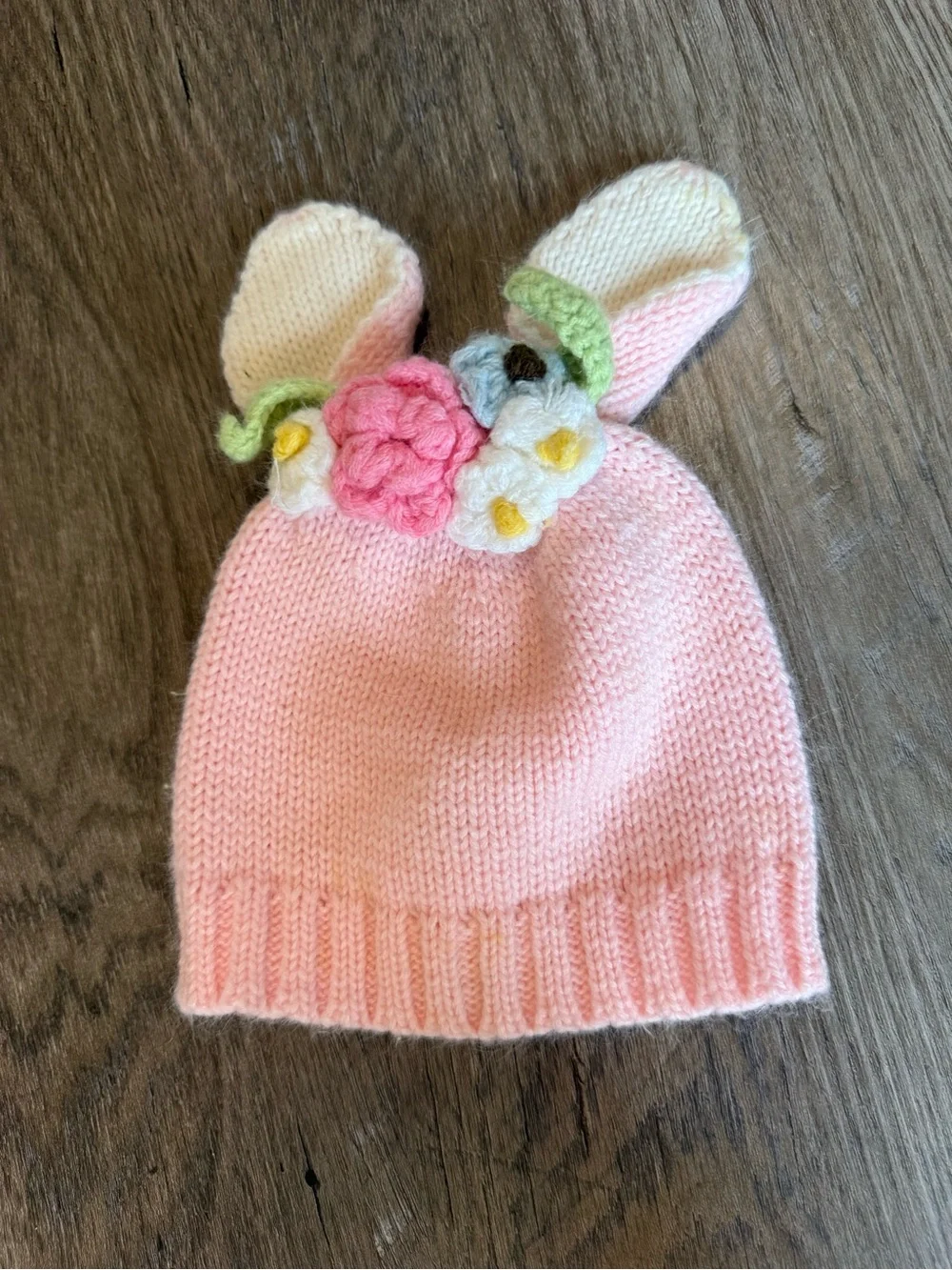 Baby Pink Bunny Ear Knit Beanie Hat with Floral Appliqué